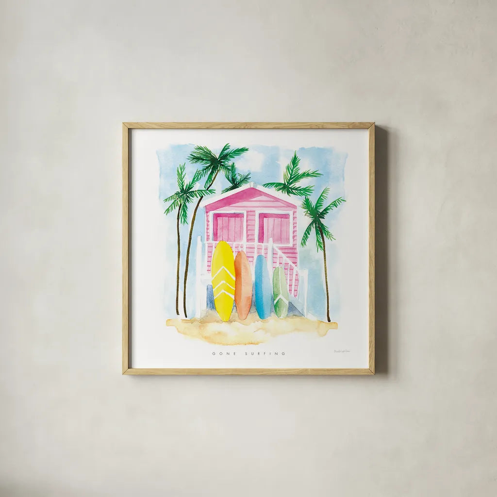 Gone Surfing by Mercedes Lopez Charro. Shown in a natural wood glass frame for a timeless modern aesthetic. Available as an archival giclee rolled canvas, fine art paper, or poster print. SKU 70160a.