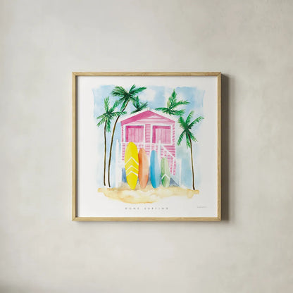 Gone Surfing by Mercedes Lopez Charro. Shown in a natural wood glass frame for a timeless modern aesthetic. Available as an archival giclee rolled canvas, fine art paper, or poster print. SKU 70160a.