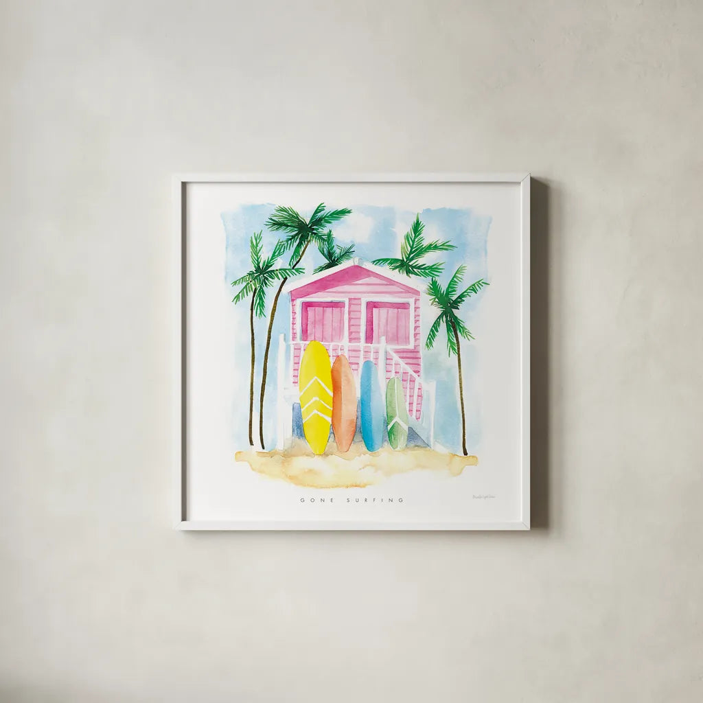Gone Surfing by Mercedes Lopez Charro. Shown in a crisp white glass frame for a clean and minimalist style. Available as an archival giclee rolled canvas, fine art paper, or poster print. SKU 70160a.