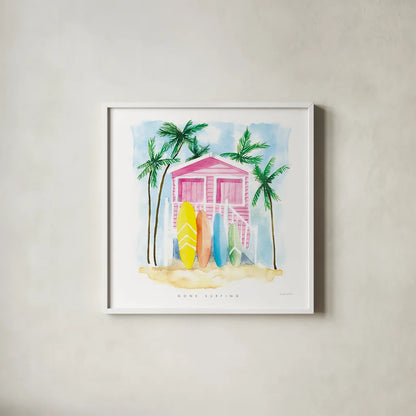 Gone Surfing by Mercedes Lopez Charro. Shown in a crisp white glass frame for a clean and minimalist style. Available as an archival giclee rolled canvas, fine art paper, or poster print. SKU 70160a.