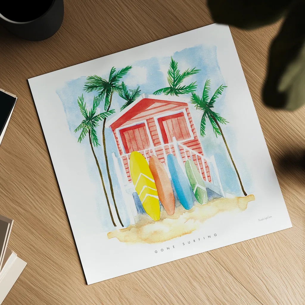 Gone Surfing Red by Mercedes Lopez Charro. Shown as a detailed flat fine art print, highlighting archival giclee quality. Available as an archival giclee rolled canvas, fine art paper, or poster print. SKU 70265a.