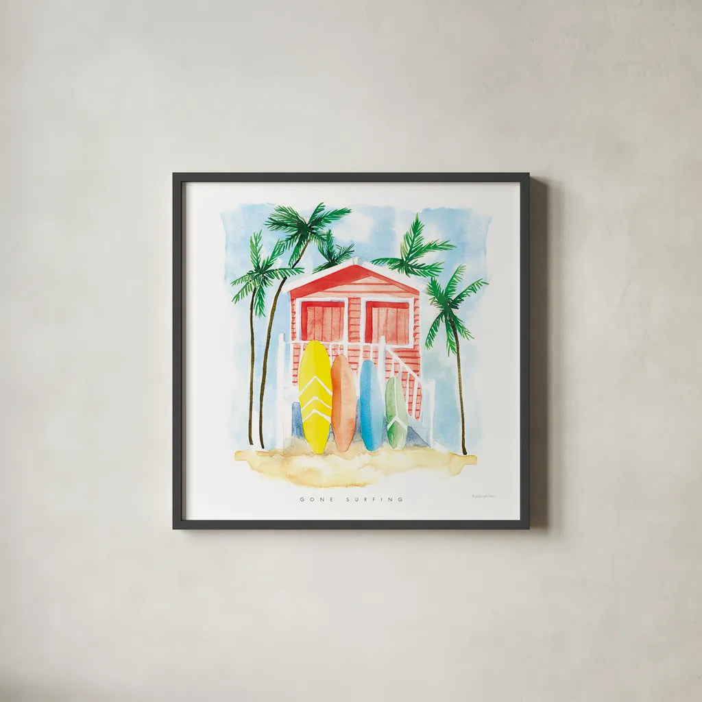 Gone Surfing Red by Mercedes Lopez Charro. Shown in a sleek black glass frame for a contemporary gallery look. Available as an archival giclee rolled canvas, fine art paper, or poster print. SKU 70265a.