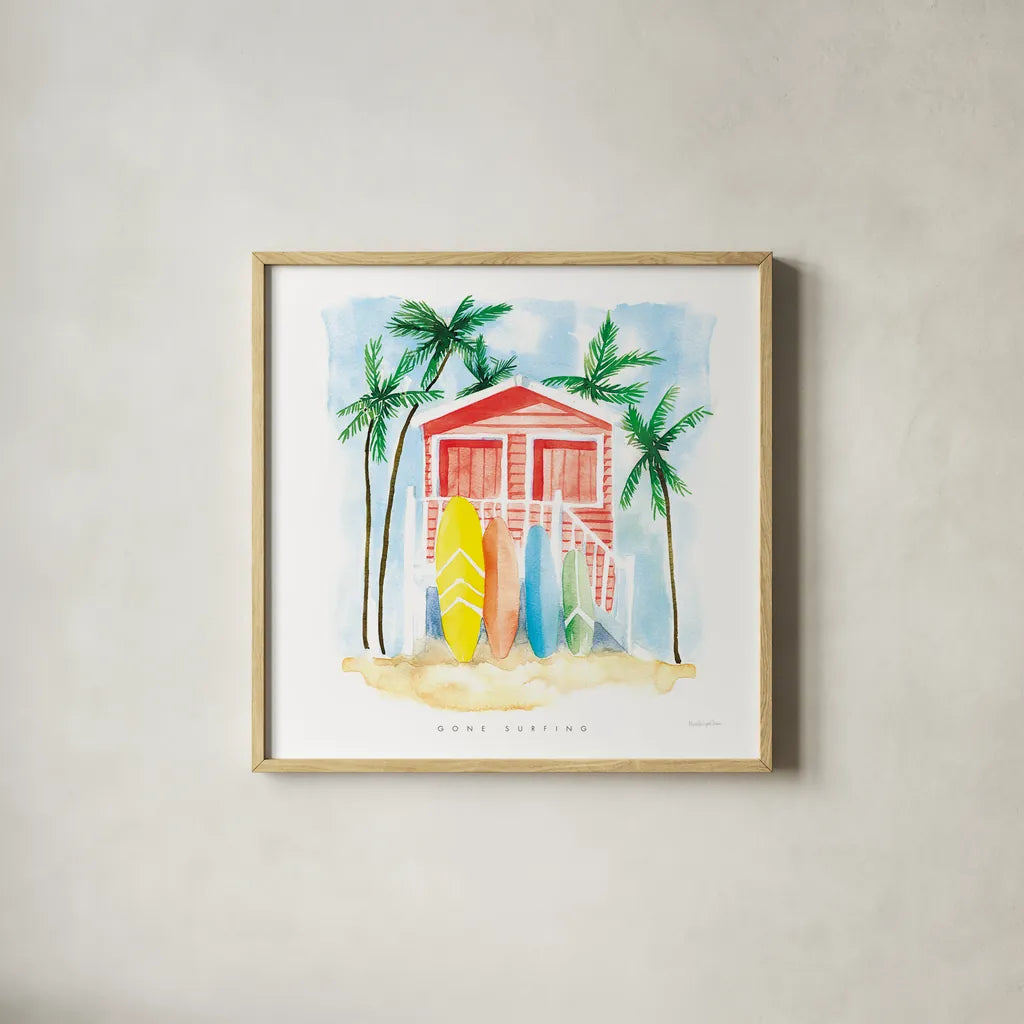 Gone Surfing Red by Mercedes Lopez Charro. Shown in a natural wood glass frame for a timeless modern aesthetic. Available as an archival giclee rolled canvas, fine art paper, or poster print. SKU 70265a.