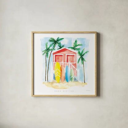 Gone Surfing Red by Mercedes Lopez Charro. Shown in a natural wood glass frame for a timeless modern aesthetic. Available as an archival giclee rolled canvas, fine art paper, or poster print. SKU 70265a.