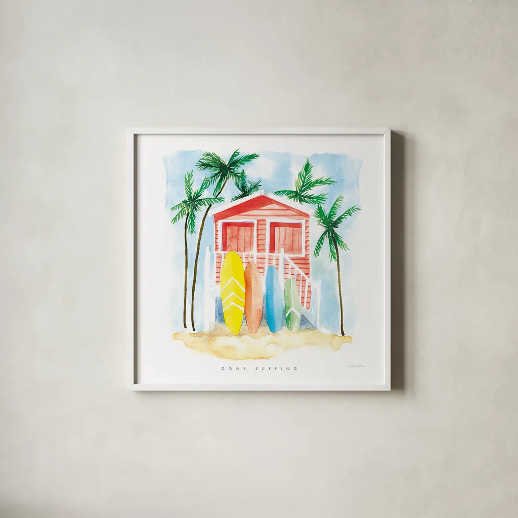 Gone Surfing Red by Mercedes Lopez Charro. Shown in a crisp white glass frame for a clean and minimalist style. Available as an archival giclee rolled canvas, fine art paper, or poster print. SKU 70265a.