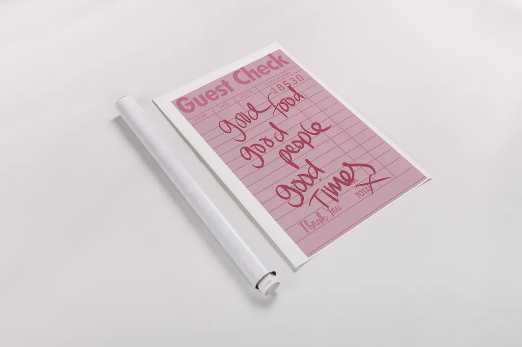 Guest Check I by Mercedes Lopez Charro. shown as a rolled paper print. Available as archival giclee rolled canvas, fine art paper, or poster print. SKU 85656h.