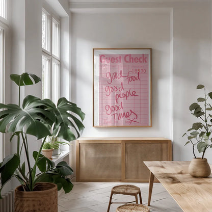 Guest Check I by Mercedes Lopez Charro. shown as a print in a natural wood frame in a dining room. Available as a archival giclee rolled canvas, fine art paper, or poster print. SKU 85656h.