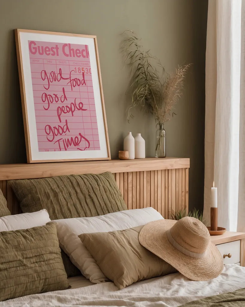 Guest Check I by Mercedes Lopez Charro. shown as a paper print in a natural frame. Available as a archival giclee rolled canvas, fine art paper, or poster print. SKU 85656h.