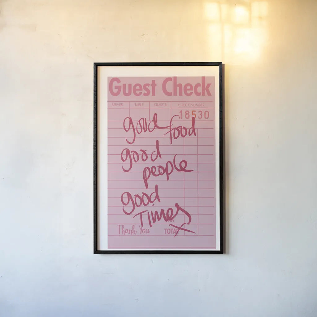 Guest Check I by Mercedes Lopez Charro. shown as a paper print in a black flame. Available as a archival giclee rolled canvas, fine art paper, or poster print. SKU 85656h.