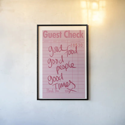 Guest Check I by Mercedes Lopez Charro. shown as a paper print in a black flame. Available as a archival giclee rolled canvas, fine art paper, or poster print. SKU 85656h.