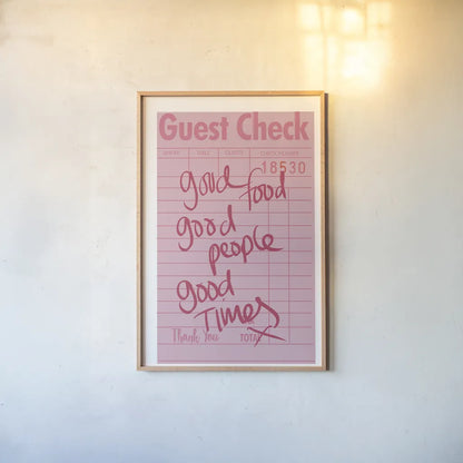 Guest Check I by Mercedes Lopez Charro. shown as a paper print in a natural frame. Available as a archival giclee rolled canvas, fine art paper, or poster print. SKU 85656h.