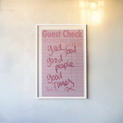 Guest Check I by Mercedes Lopez Charro. shown as a paper print in a white frame. Available as a archival giclee rolled canvas, fine art paper, or poster print. SKU 85656h.