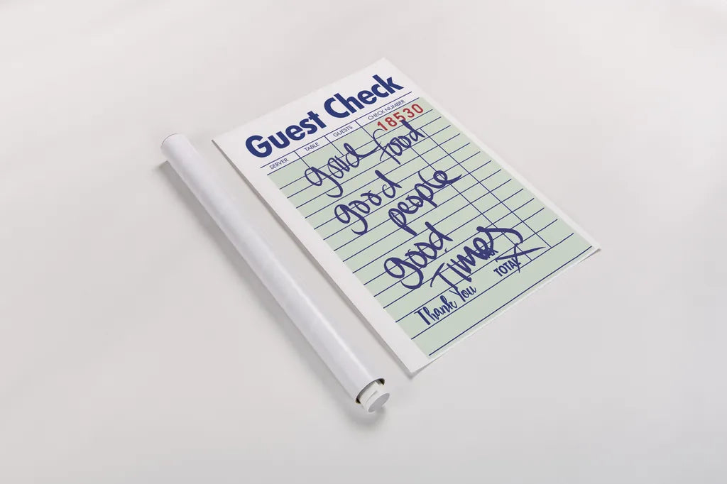 Guest Check I Green by Mercedes Lopez Charro. shown as a rolled paper print. Available as archival giclee rolled canvas, fine art paper, or poster print. SKU 86934h.