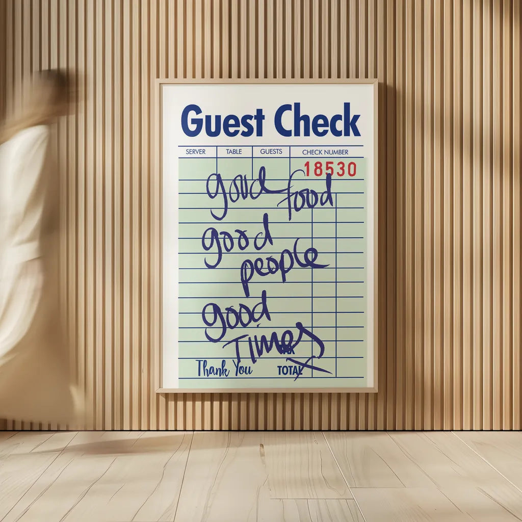 Guest Check I Green by Mercedes Lopez Charro. shown as over sized large wall art. Available as an archival giclee rolled canvas, fine art paper, or poster print. SKU 86934h.