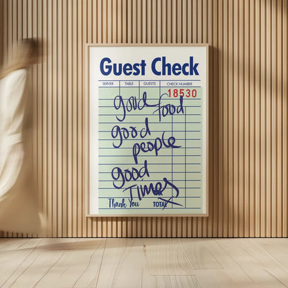 Guest Check I Green by Mercedes Lopez Charro. shown as over sized large wall art. Available as an archival giclee rolled canvas, fine art paper, or poster print. SKU 86934h.