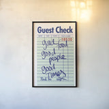 Guest Check I Green by Mercedes Lopez Charro. shown as a paper print in a black flame. Available as a archival giclee rolled canvas, fine art paper, or poster print. SKU 86934h.