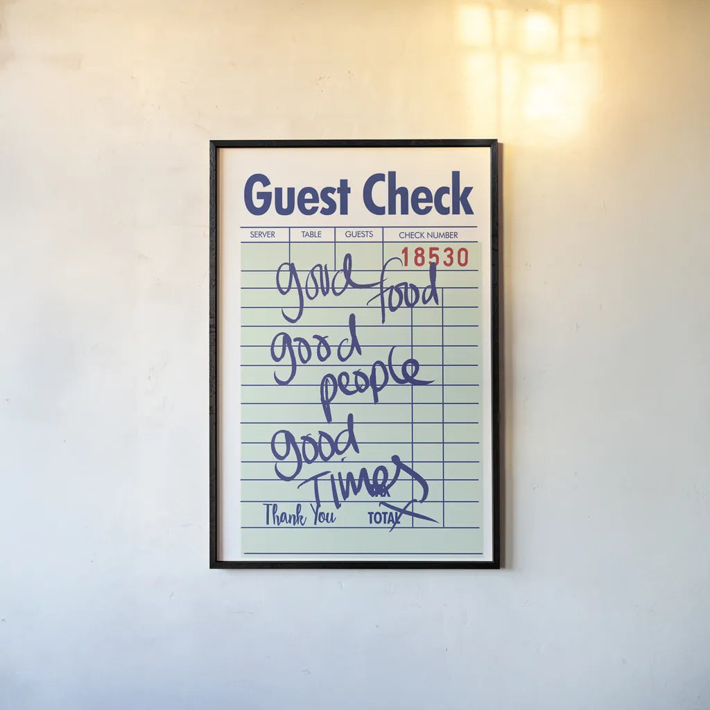 Guest Check I Green by Mercedes Lopez Charro. shown as a paper print in a black flame. Available as a archival giclee rolled canvas, fine art paper, or poster print. SKU 86934h.