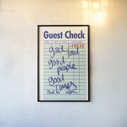 Guest Check I Green by Mercedes Lopez Charro. shown as a paper print in a black flame. Available as a archival giclee rolled canvas, fine art paper, or poster print. SKU 86934h.