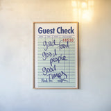 Guest Check I Green by Mercedes Lopez Charro. shown as a paper print in a natural frame. Available as a archival giclee rolled canvas, fine art paper, or poster print. SKU 86934h.