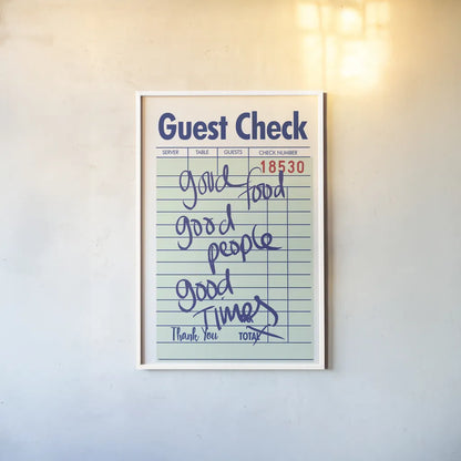 Guest Check I Green by Mercedes Lopez Charro. shown as a paper print in a white frame. Available as a archival giclee rolled canvas, fine art paper, or poster print. SKU 86934h.