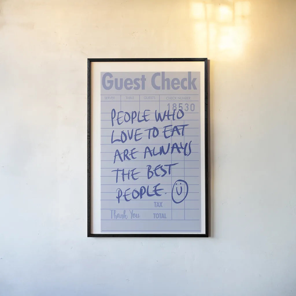 Guest Check II by Mercedes Lopez Charro. shown as a paper print in a black flame. Available as a archival giclee rolled canvas, fine art paper, or poster print. SKU 85657h.