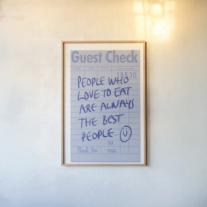 Guest Check II by Mercedes Lopez Charro. shown as a paper print in a natural frame. Available as a archival giclee rolled canvas, fine art paper, or poster print. SKU 85657h.