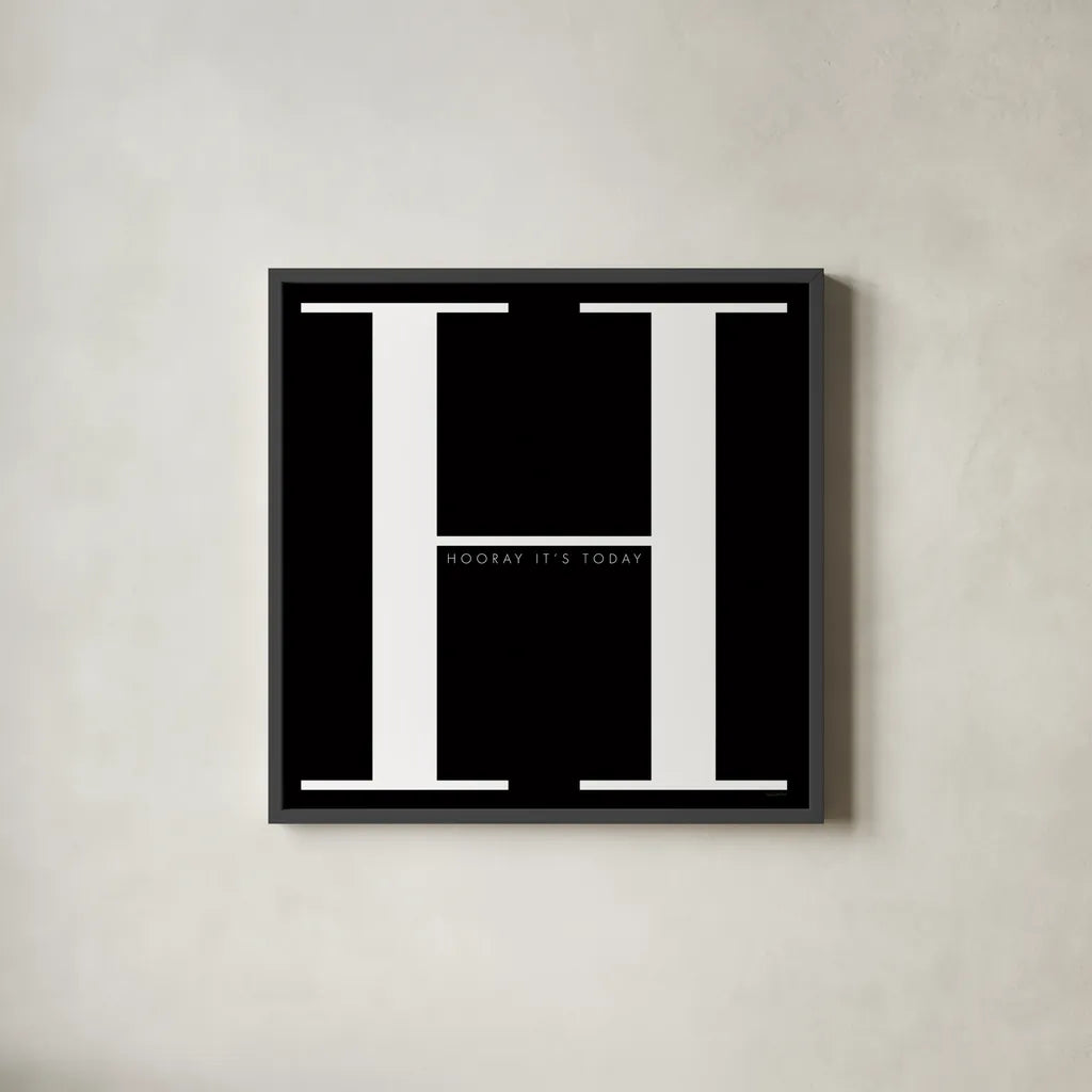 H is for Hooray by Mercedes Lopez Charro. Shown in a sleek black glass frame for a contemporary gallery look. Available as an archival giclee rolled canvas, fine art paper, or poster print. SKU 64141a.