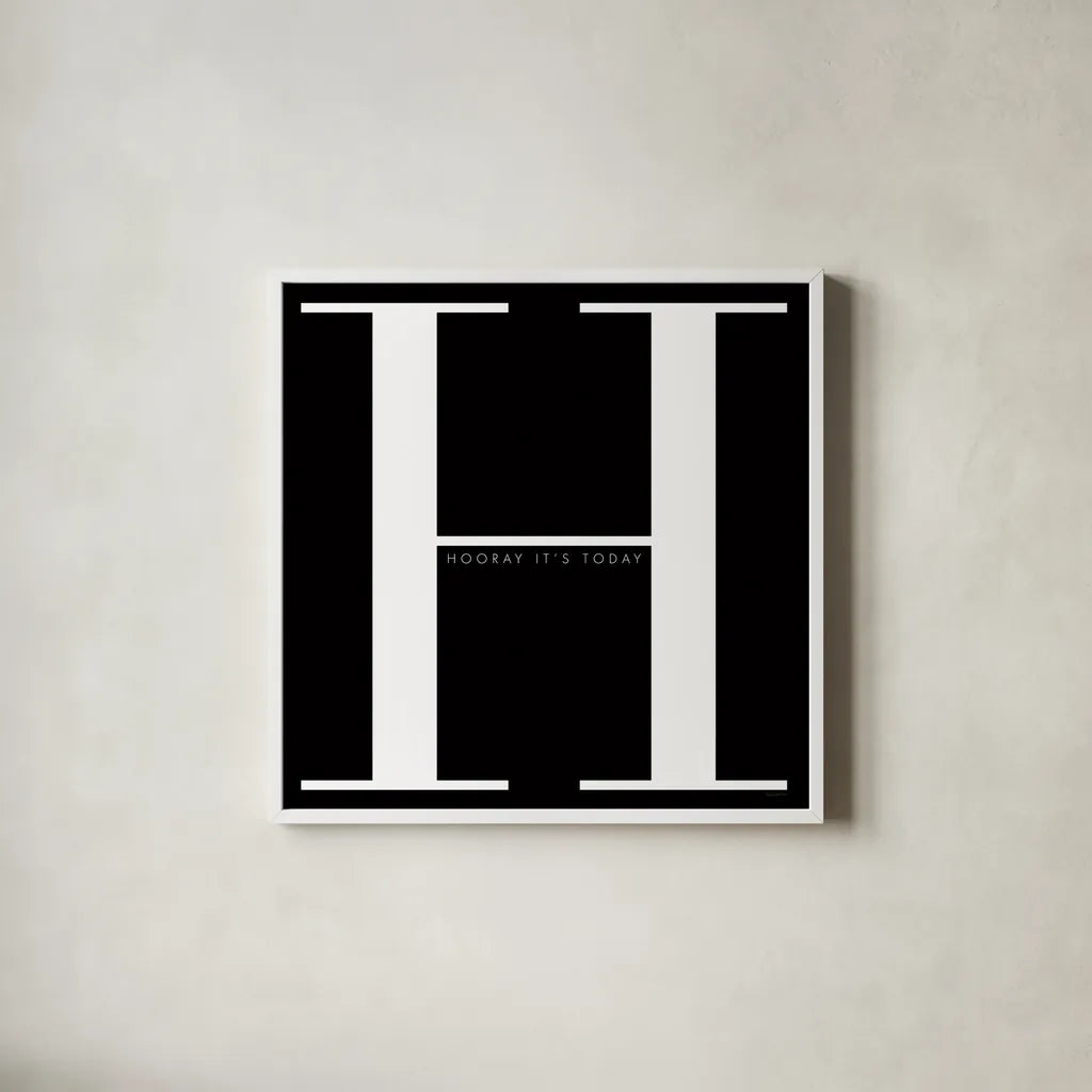 H is for Hooray by Mercedes Lopez Charro. Shown in a crisp white glass frame for a clean and minimalist style. Available as an archival giclee rolled canvas, fine art paper, or poster print. SKU 64141a.