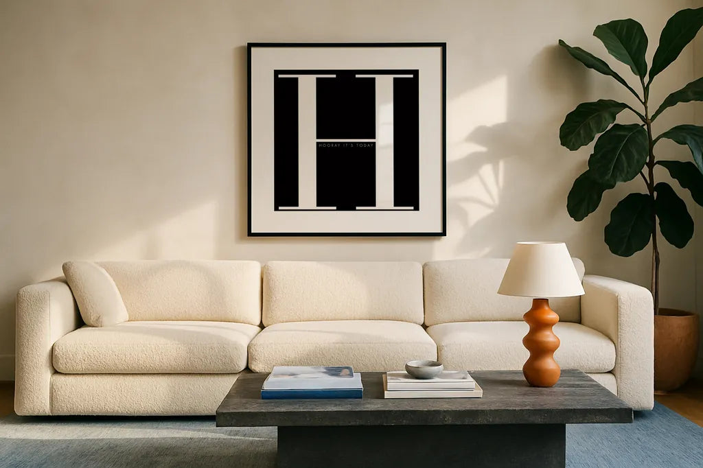 H is for Hooray by Mercedes Lopez Charro. Displayed in a glass frame with matte in a clean modern living room. Available as an archival giclee rolled canvas, fine art paper, or poster print. SKU 64141a.