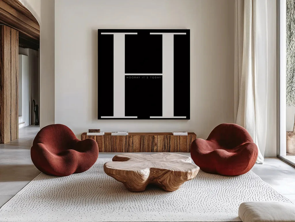 H is for Hooray by Mercedes Lopez Charro. Shown as extra-large giant wall art in a modern living room. Available as an archival giclee rolled canvas, fine art paper, or poster print. SKU 64141a.