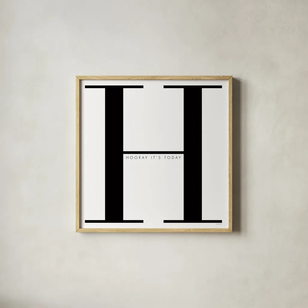 H is for Hooray on White by Mercedes Lopez Charro. Shown in a natural wood glass frame for a timeless modern aesthetic. Available as an archival giclee rolled canvas, fine art paper, or poster print. SKU 64148a.