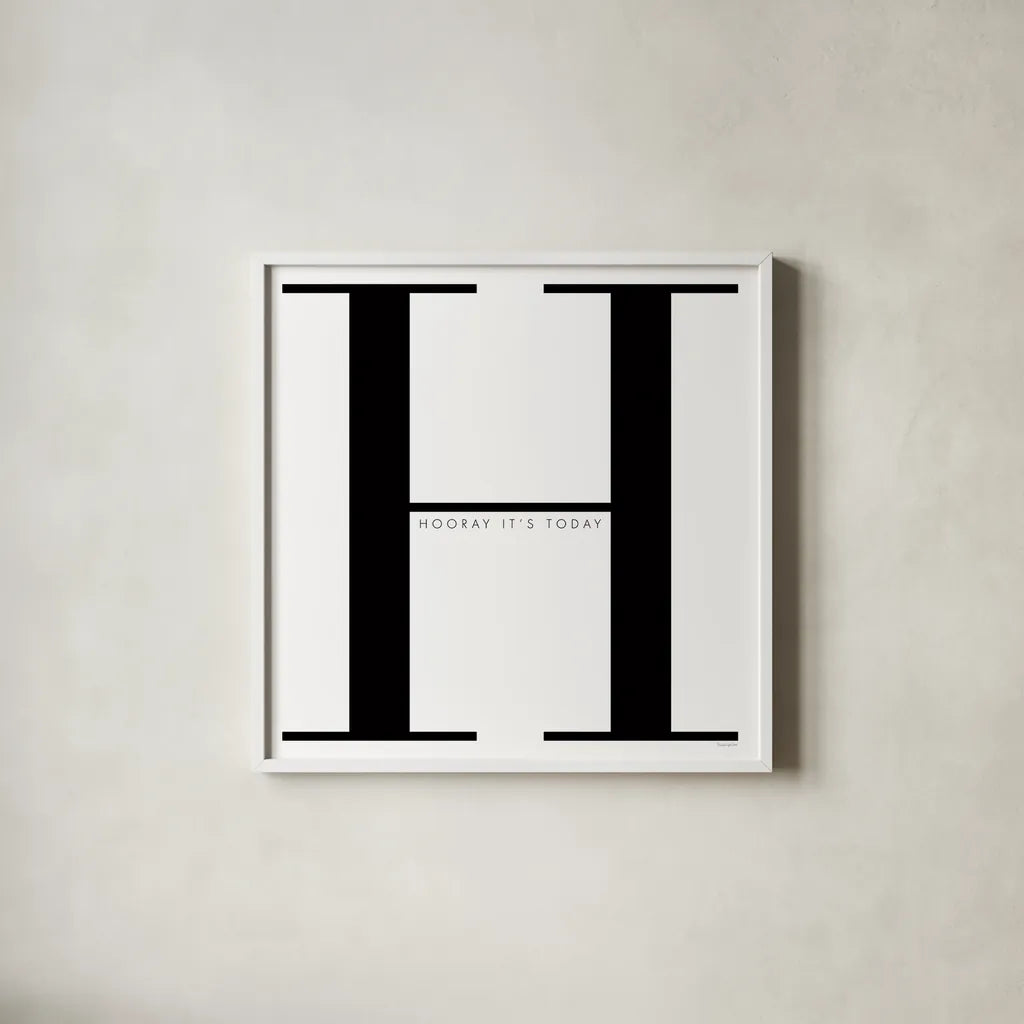 H is for Hooray on White by Mercedes Lopez Charro. Shown in a crisp white glass frame for a clean and minimalist style. Available as an archival giclee rolled canvas, fine art paper, or poster print. SKU 64148a.