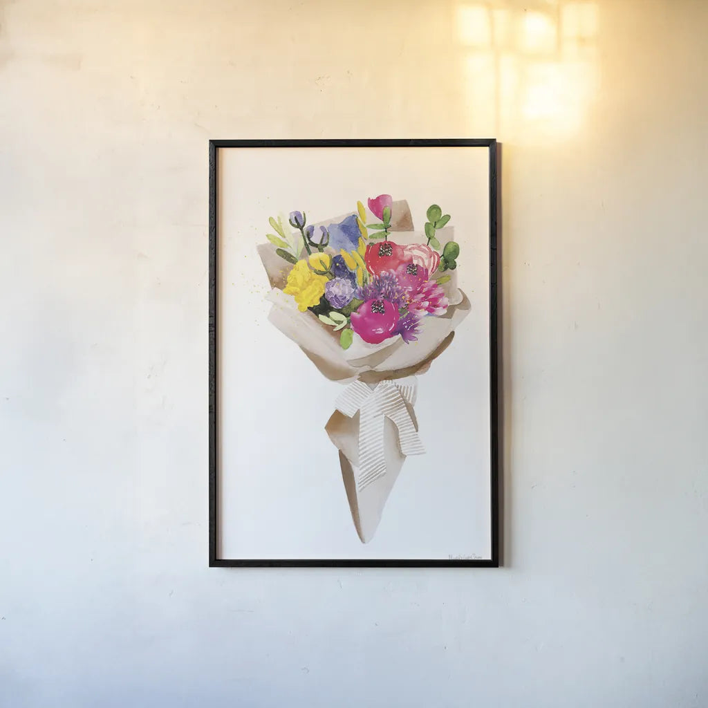 Happy Flowers by Mercedes Lopez Charro. shown as a paper print in a black flame. Available as a archival giclee rolled canvas, fine art paper, or poster print. SKU 72145h.