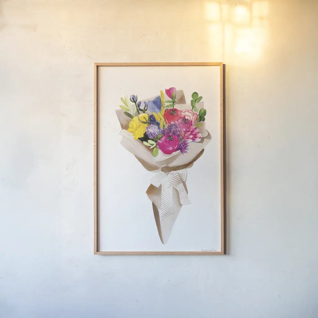 Happy Flowers by Mercedes Lopez Charro. shown as a paper print in a natural frame. Available as a archival giclee rolled canvas, fine art paper, or poster print. SKU 72145h.