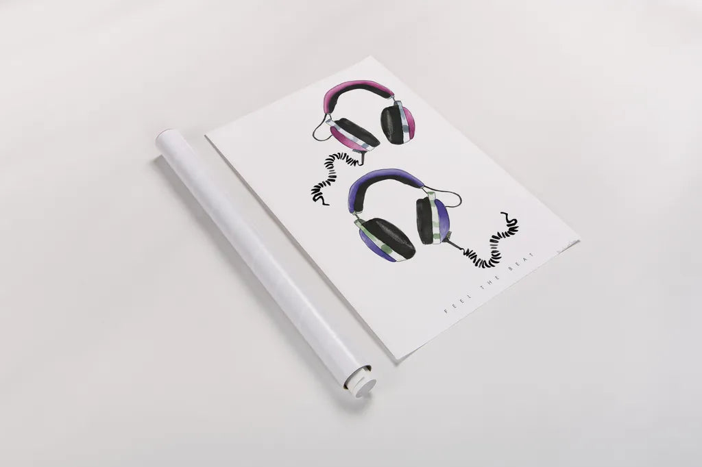 Headphones Love by Mercedes Lopez Charro. shown as a rolled paper print. Available as archival giclee rolled canvas, fine art paper, or poster print. SKU 77127h.