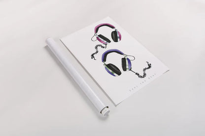 Headphones Love by Mercedes Lopez Charro. shown as a rolled paper print. Available as archival giclee rolled canvas, fine art paper, or poster print. SKU 77127h.