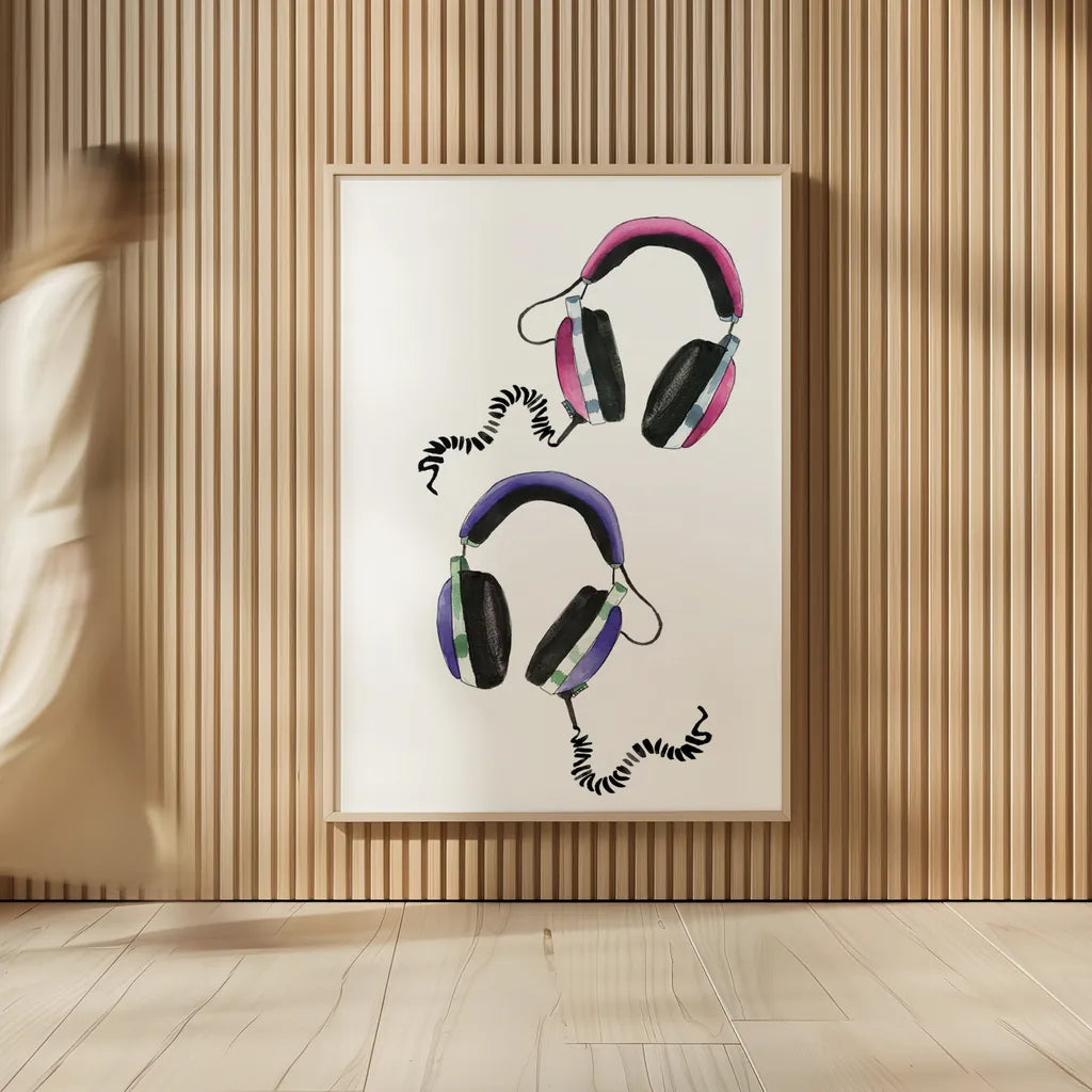 Headphones Love by Mercedes Lopez Charro. shown as over sized large wall art. Available as an archival giclee rolled canvas, fine art paper, or poster print. SKU 77127h.