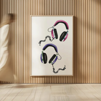 Headphones Love by Mercedes Lopez Charro. shown as over sized large wall art. Available as an archival giclee rolled canvas, fine art paper, or poster print. SKU 77127h.