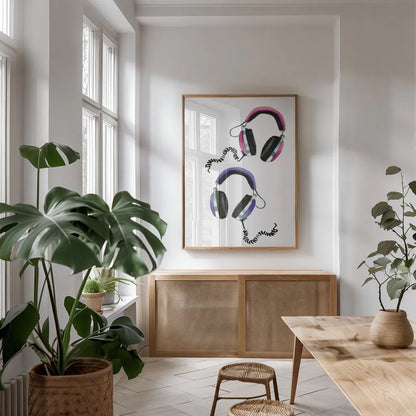 Headphones Love by Mercedes Lopez Charro. shown as a print in a natural wood frame in a dining room. Available as a archival giclee rolled canvas, fine art paper, or poster print. SKU 77127h.