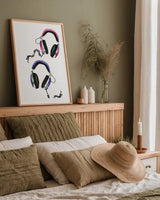 Headphones Love by Mercedes Lopez Charro. shown as a paper print in a natural frame. Available as a archival giclee rolled canvas, fine art paper, or poster print. SKU 77127h.