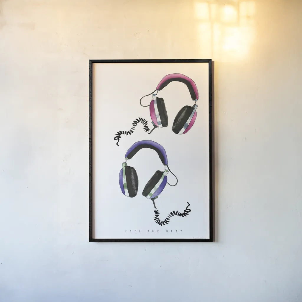 Headphones Love by Mercedes Lopez Charro. shown as a paper print in a black flame. Available as a archival giclee rolled canvas, fine art paper, or poster print. SKU 77127h.