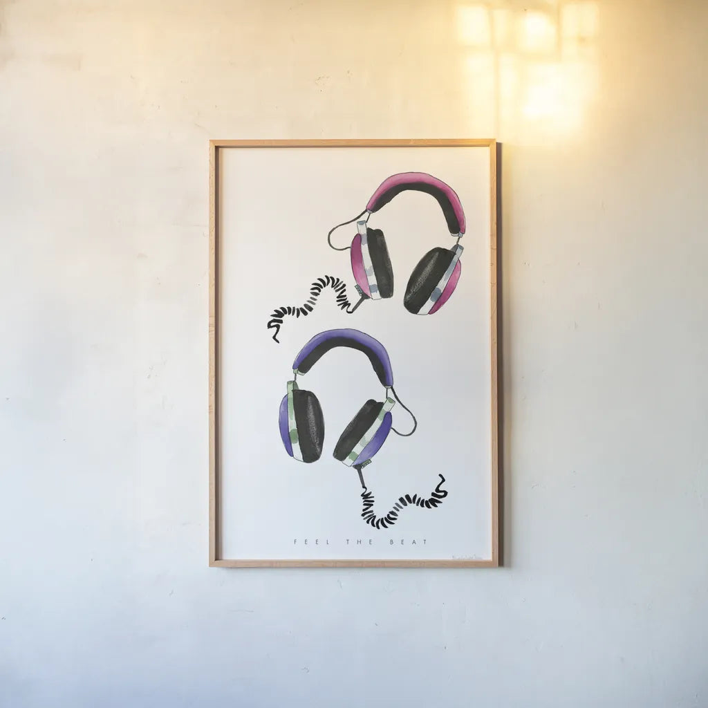 Headphones Love by Mercedes Lopez Charro. shown as a paper print in a natural frame. Available as a archival giclee rolled canvas, fine art paper, or poster print. SKU 77127h.