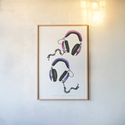 Headphones Love by Mercedes Lopez Charro. shown as a paper print in a natural frame. Available as a archival giclee rolled canvas, fine art paper, or poster print. SKU 77127h.