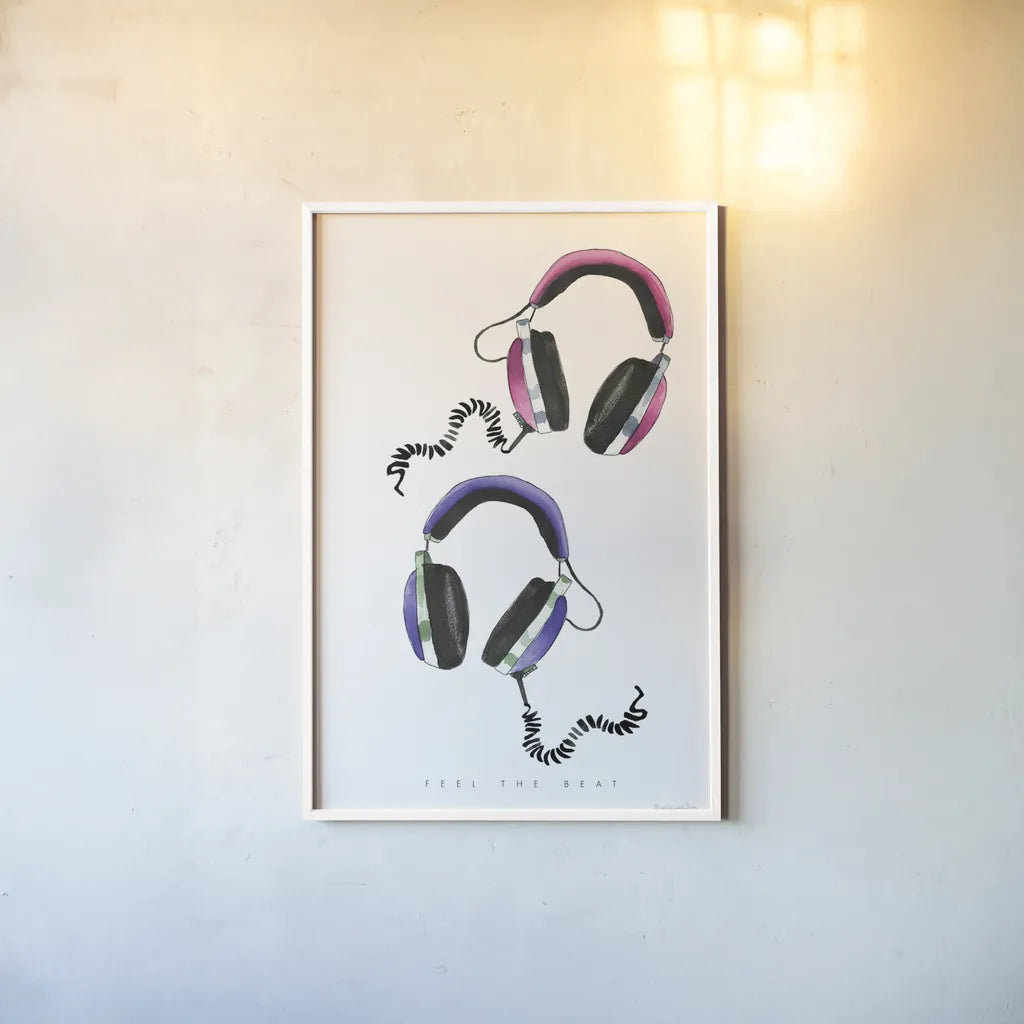 Headphones Love by Mercedes Lopez Charro. shown as a paper print in a white frame. Available as a archival giclee rolled canvas, fine art paper, or poster print. SKU 77127h.