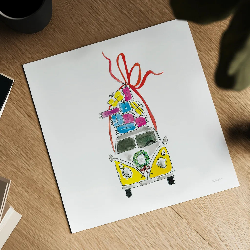 Holiday Camper Van by Mercedes Lopez Charro. Shown as a detailed flat fine art print, highlighting archival giclee quality. Available as an archival giclee rolled canvas, fine art paper, or poster print. SKU 67977a.