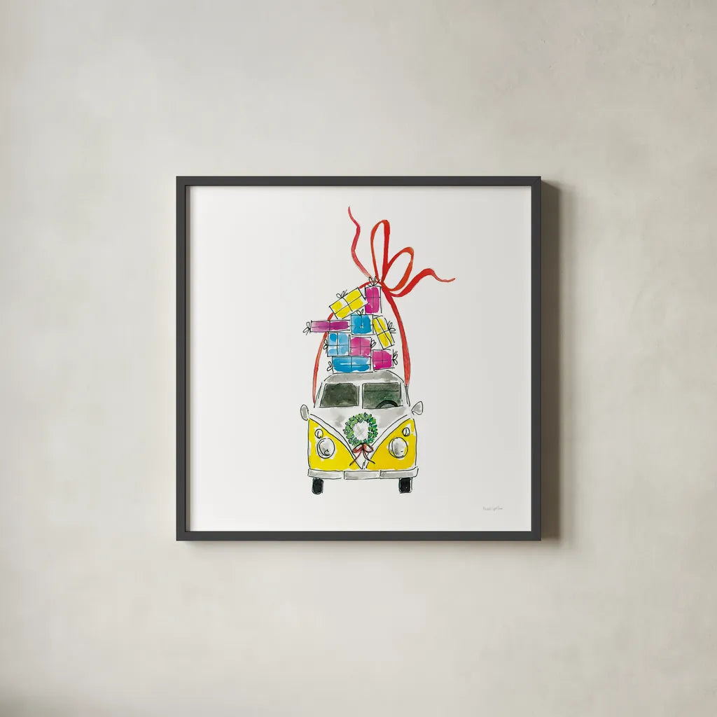 Holiday Camper Van by Mercedes Lopez Charro. Shown in a sleek black glass frame for a contemporary gallery look. Available as an archival giclee rolled canvas, fine art paper, or poster print. SKU 67977a.
