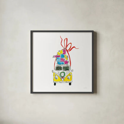Holiday Camper Van by Mercedes Lopez Charro. Shown in a sleek black glass frame for a contemporary gallery look. Available as an archival giclee rolled canvas, fine art paper, or poster print. SKU 67977a.