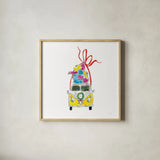 Holiday Camper Van by Mercedes Lopez Charro. Shown in a natural wood glass frame for a timeless modern aesthetic. Available as an archival giclee rolled canvas, fine art paper, or poster print. SKU 67977a.