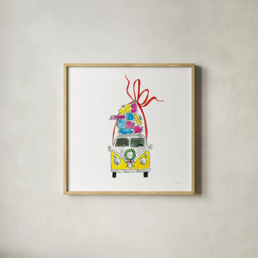 Holiday Camper Van by Mercedes Lopez Charro. Shown in a natural wood glass frame for a timeless modern aesthetic. Available as an archival giclee rolled canvas, fine art paper, or poster print. SKU 67977a.