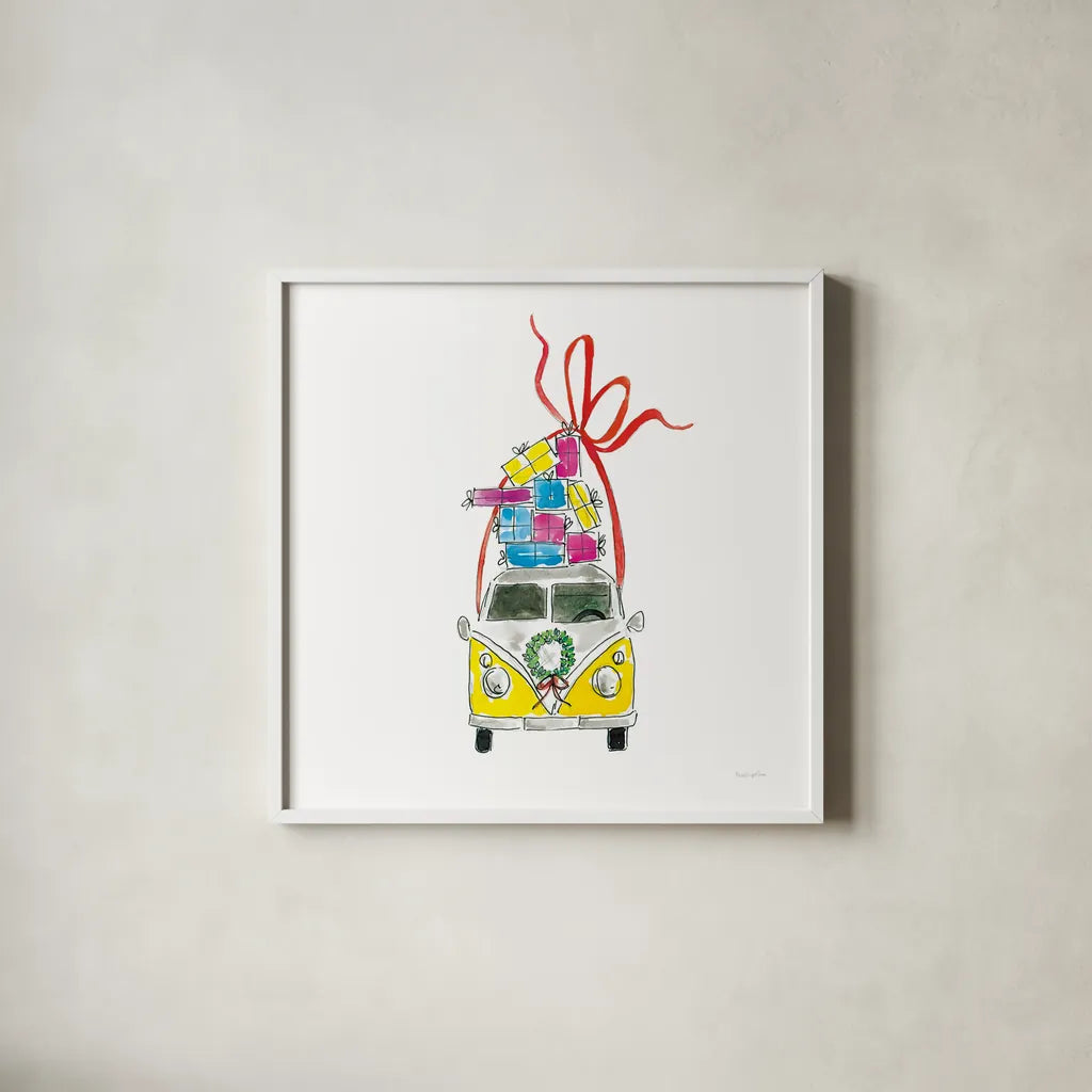 Holiday Camper Van by Mercedes Lopez Charro. Shown in a crisp white glass frame for a clean and minimalist style. Available as an archival giclee rolled canvas, fine art paper, or poster print. SKU 67977a.